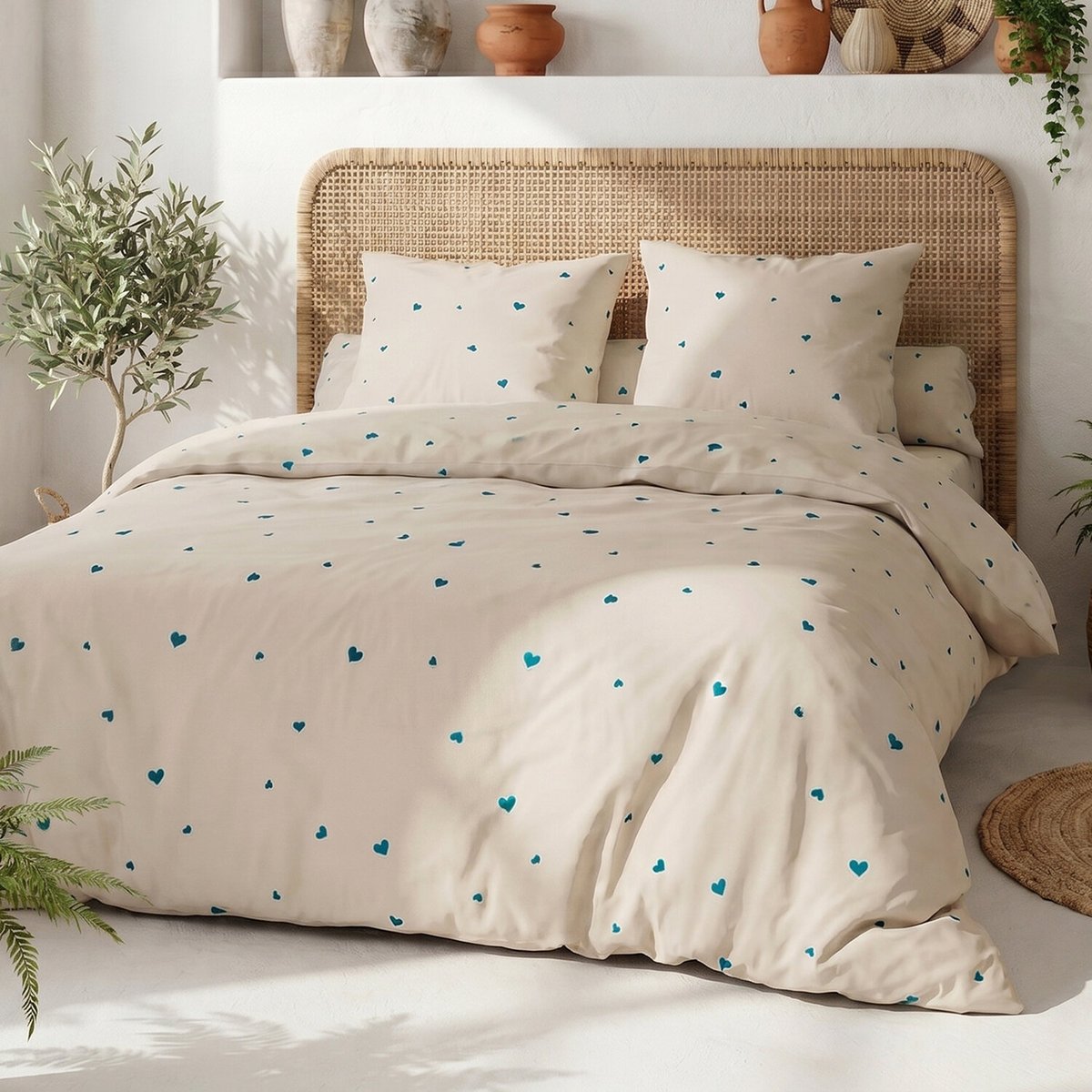 Parure housse de couette imprimée cœur bleu en coton, LAMOURELLE multicolore, ATELIER DU COTON