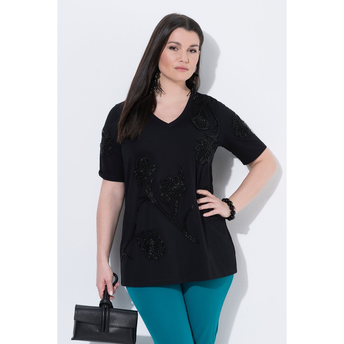 T-shirt avec perles fantaisie noir, ULLA POPKEN