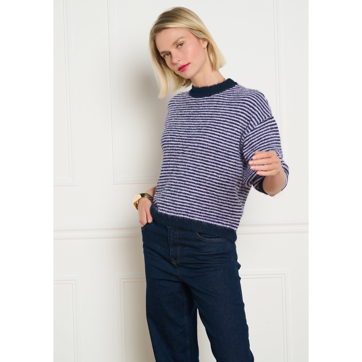 Pull rayé à col rond bleu marine, LOLALIZA