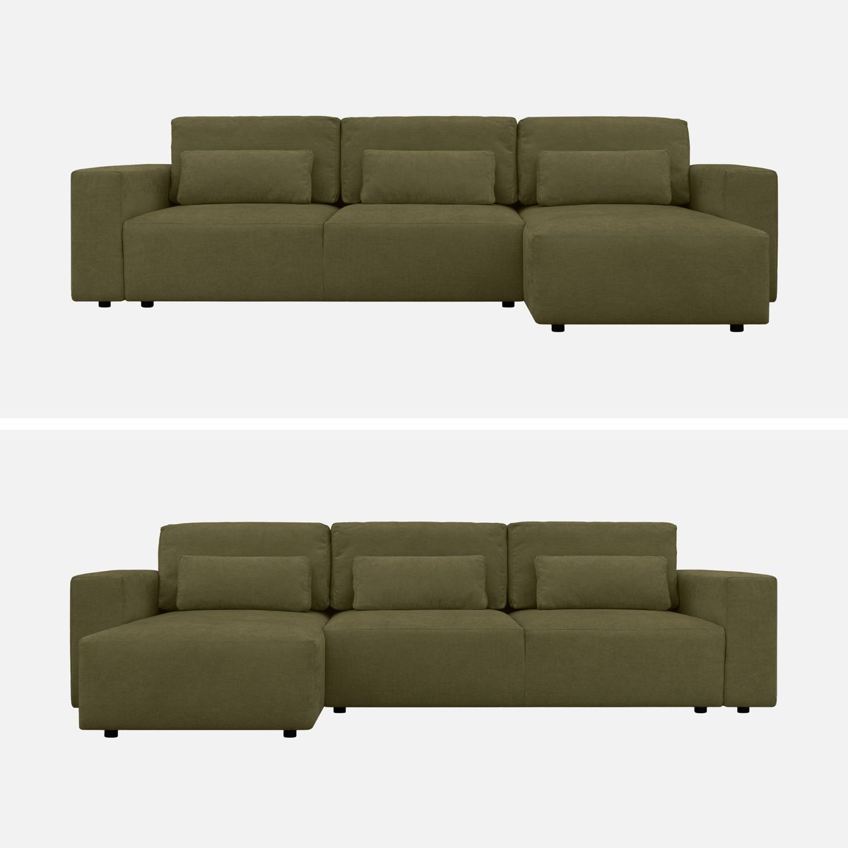 Canapé d'angle convertible réversible 3 places tissu chenille avec coffre THEO kaki, SWEEEK