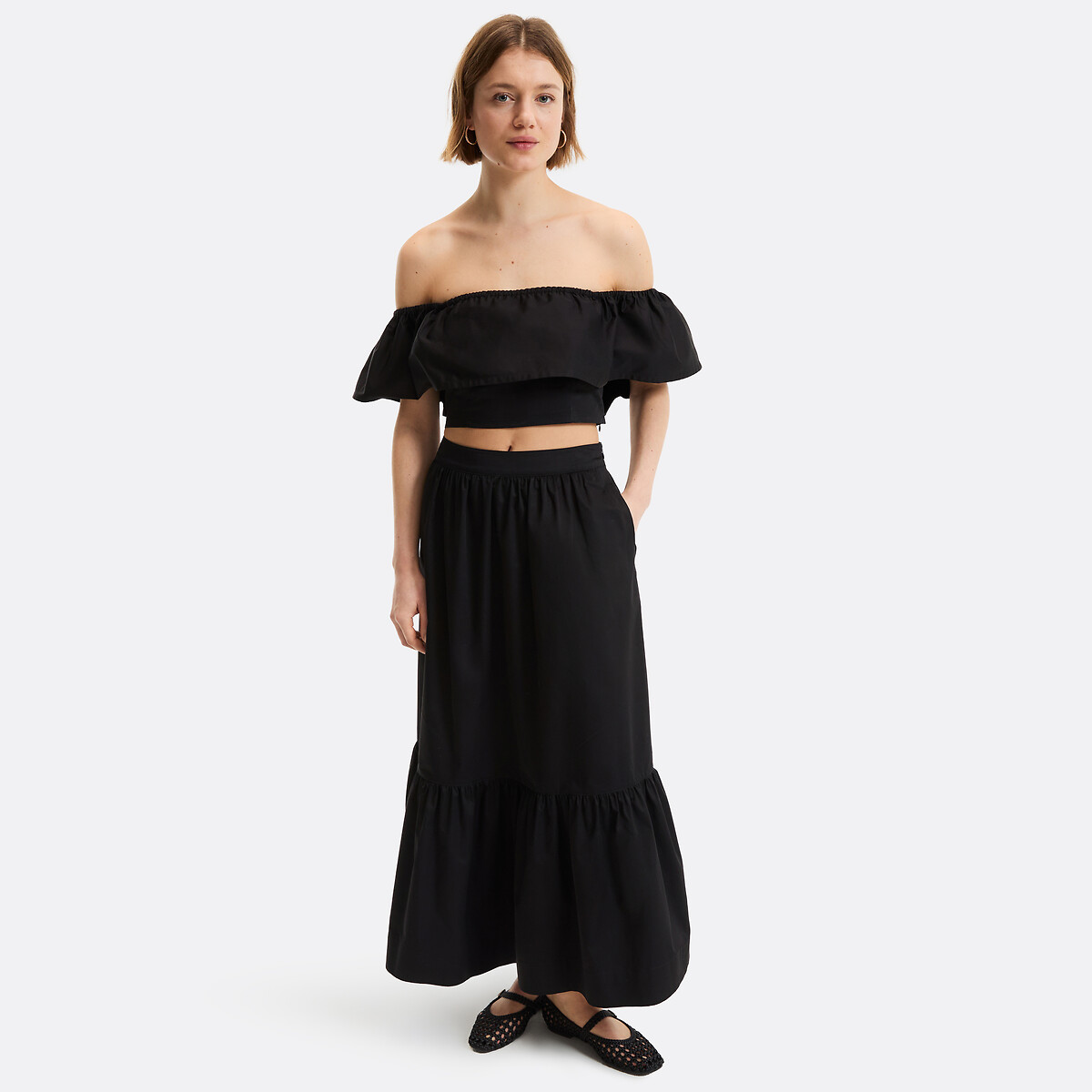 Jupe longue à volant en coton noir, LA REDOUTE COLLECTIONS