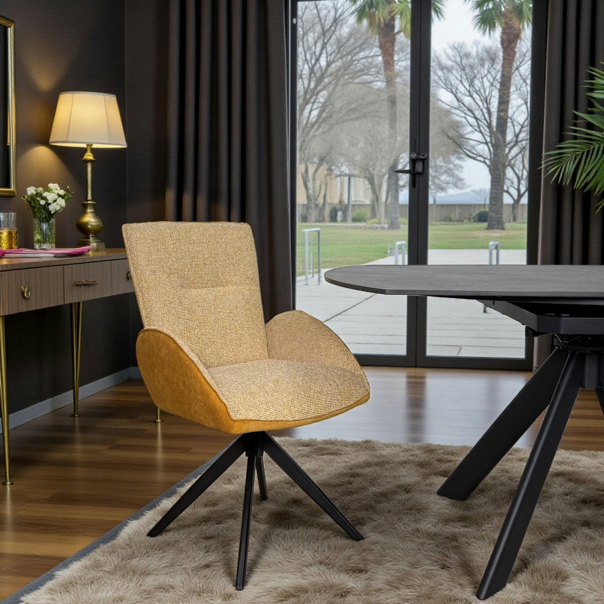 Fauteuil de table pivotant tissu bi-matière (lot de 2) AGADE moutarde, PIER IMPORT