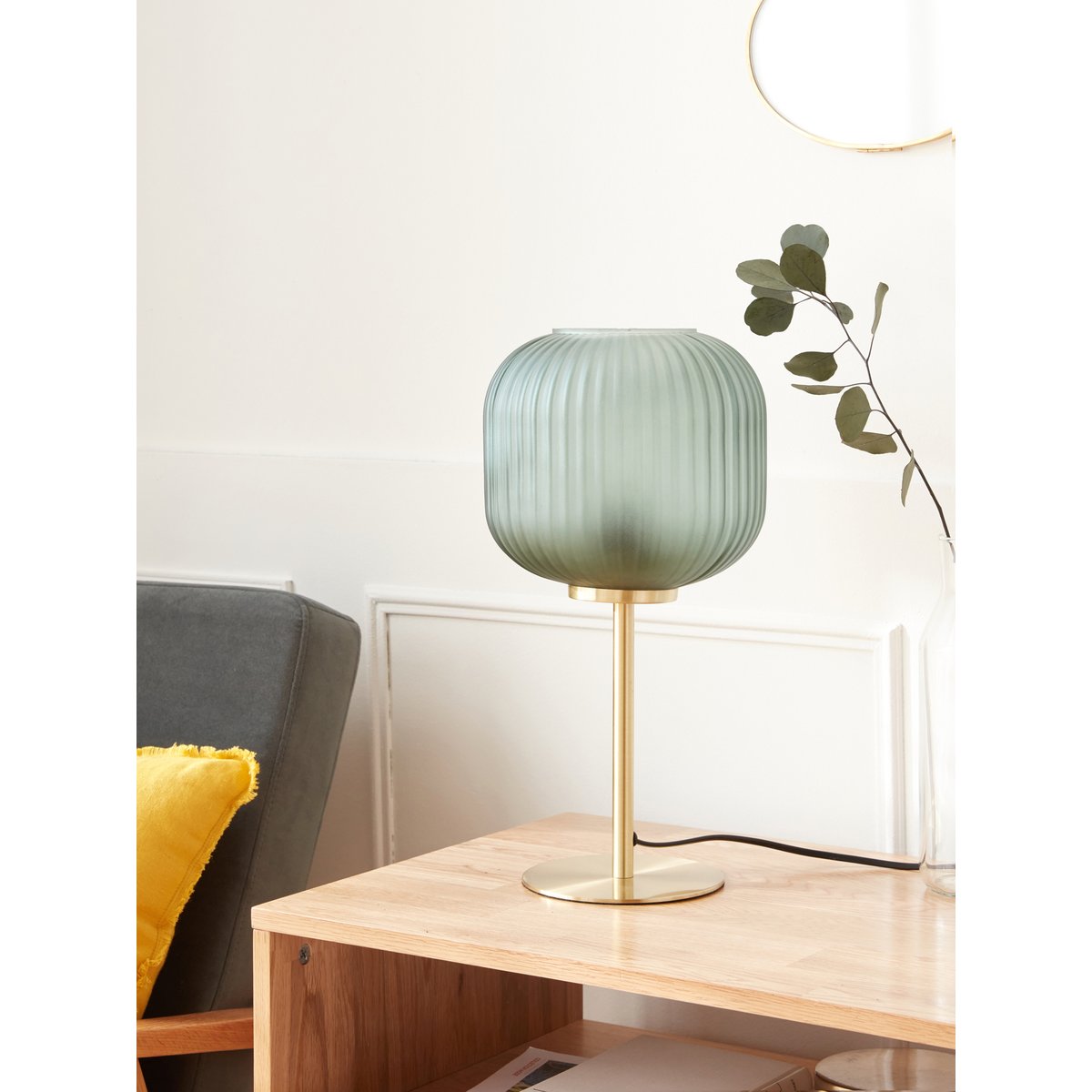 Lampe métal et verre strié vert moyen uni, CYRILLUS