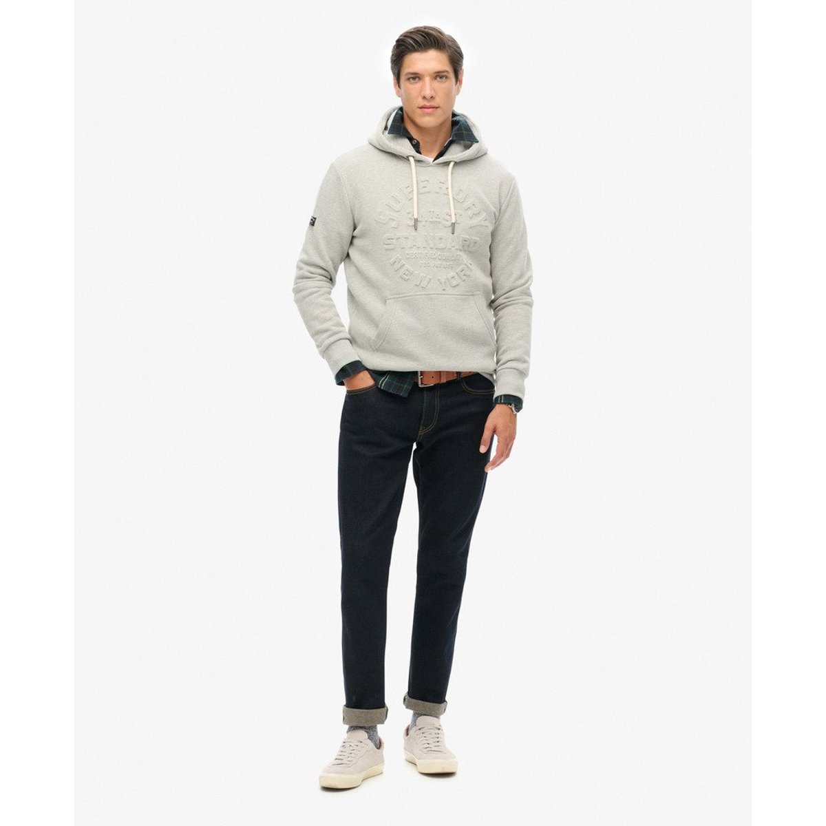 Sweat à capuche à logo en relief pierre ponce beige chiné, SUPERDRY