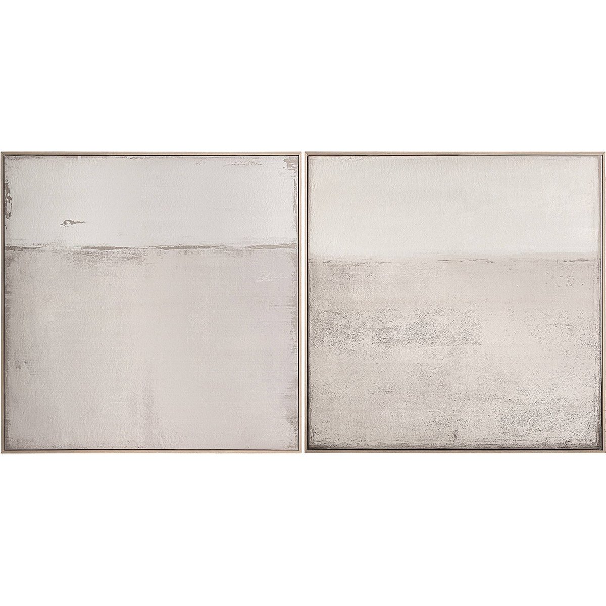 Lot de 2 tableaux abstraits sur toile beige clair et bois naturel, RECOLLECTION