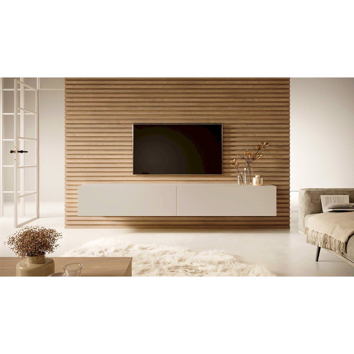 Meuble tv suspendu bois collection BISIRA cachemire, RECOLLECTION
