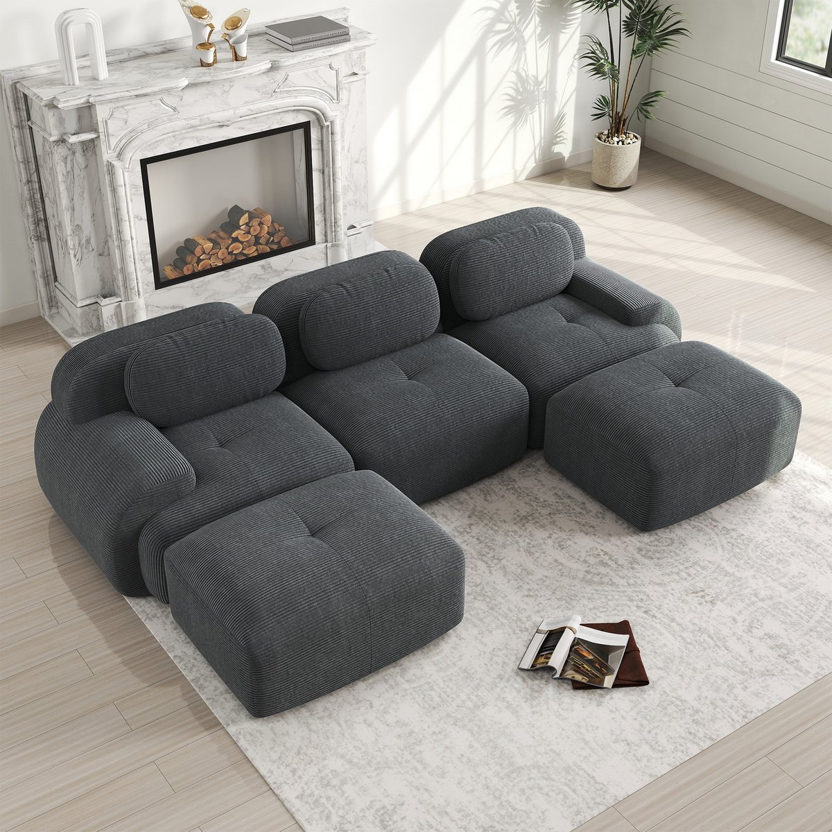 Canapé d'angle réversible 3 places avec 2 poufs en velours côtelé, SNOW gris, MEUBLES COSY