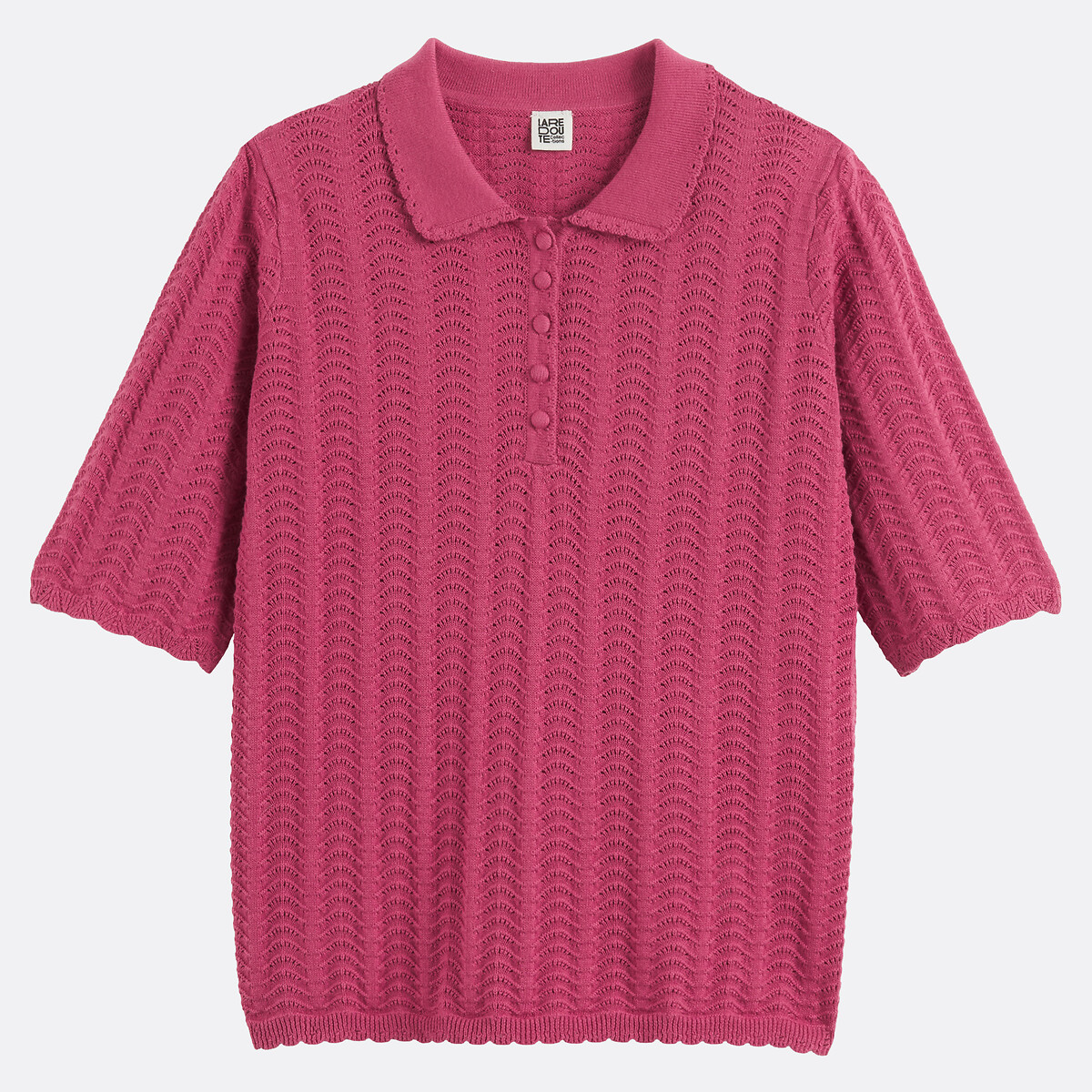 Pull col polo en coton, fine maille ajourée bois de rose, LA REDOUTE COLLECTIONS