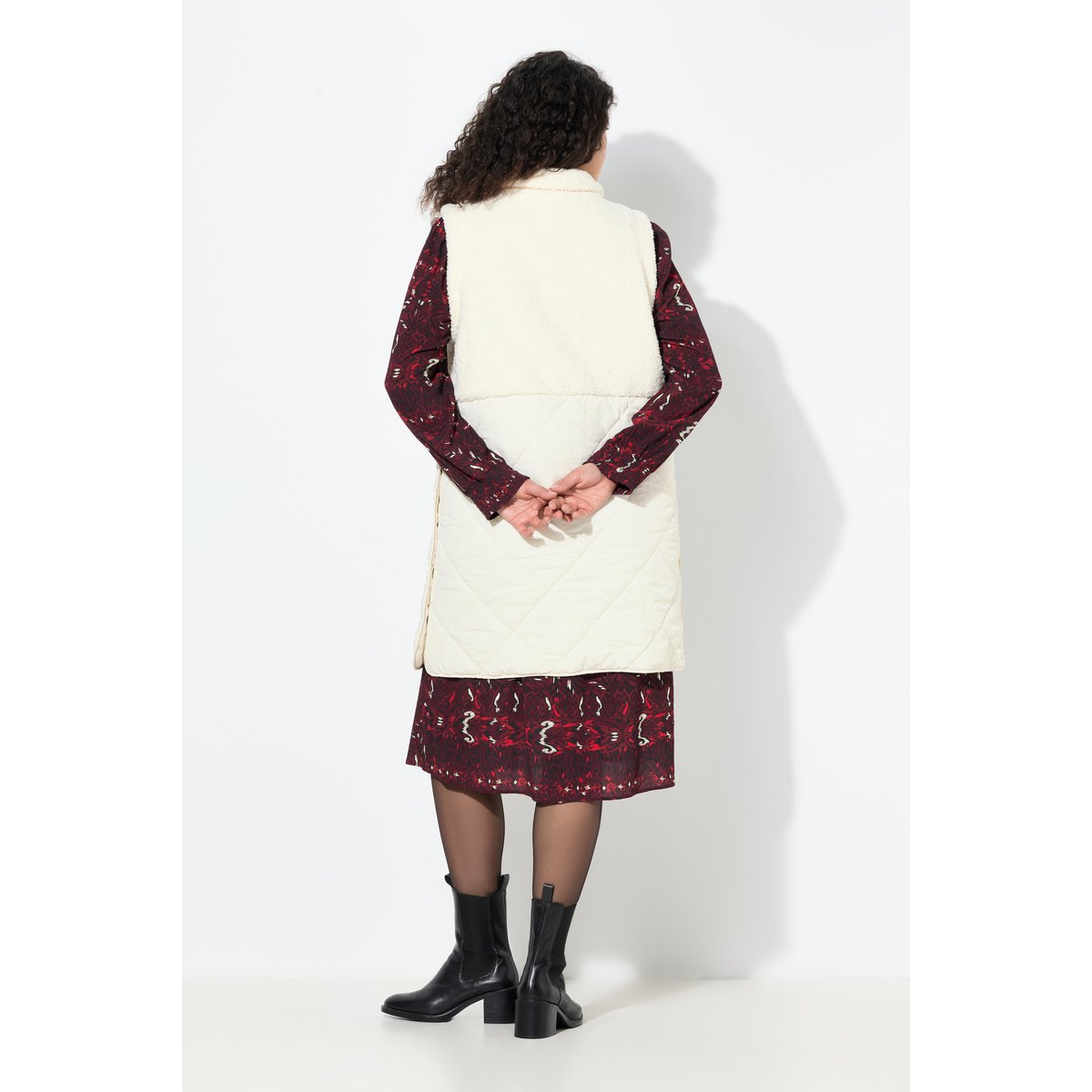 Gilet long, matelassage / polaire bouclette blanc cassé, ULLA POPKEN