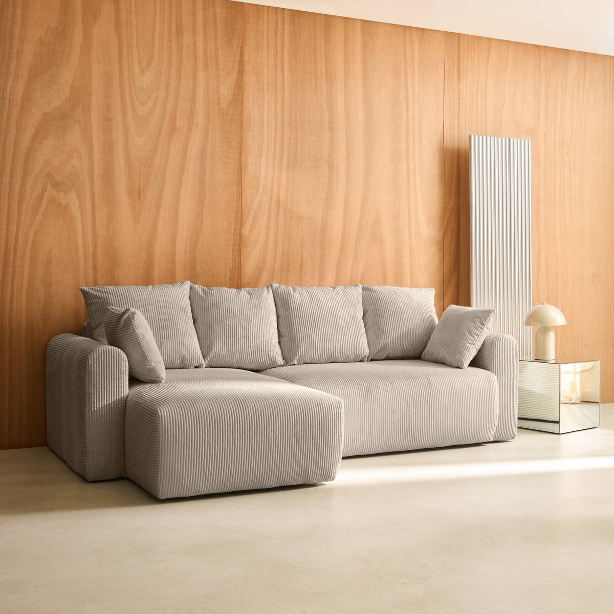 Canapé d'angle convertible réversible 3 places velours côtelé avec coffre ALMO taupe, SWEEEK