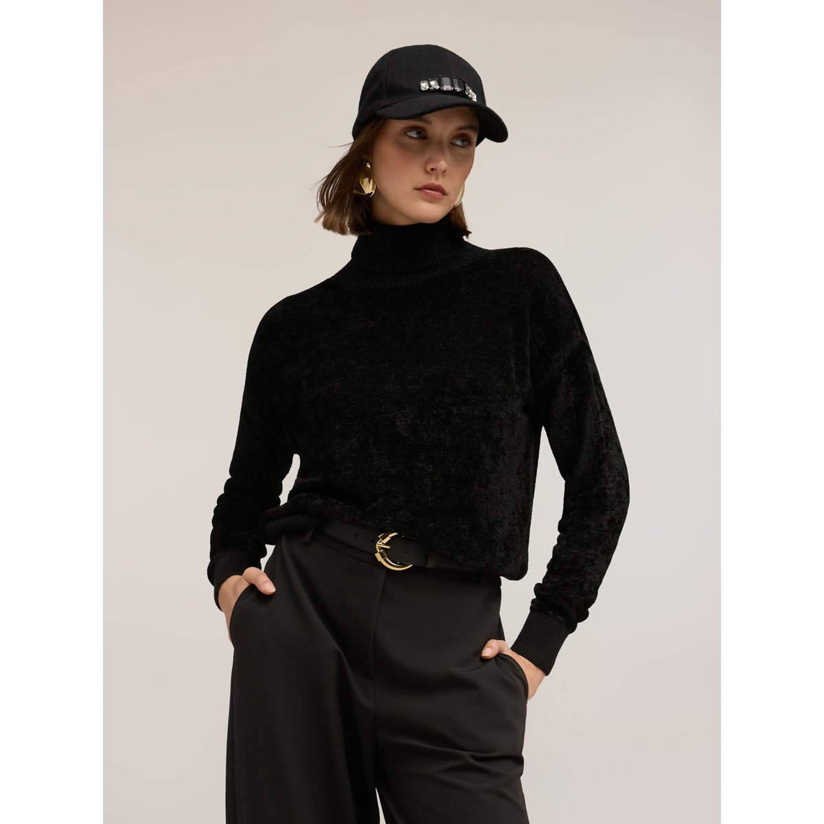 Pull col roulé en chenille noir, MOTIVI