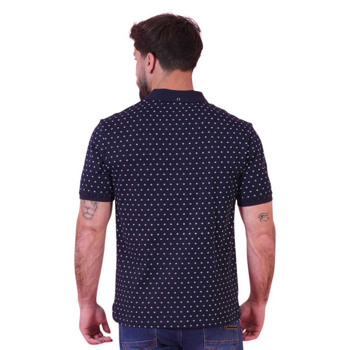 Polo en coton marine à motifs pourvu d'une coupe droite et d'un col boutonné bleu foncé, RUCKFIELD
