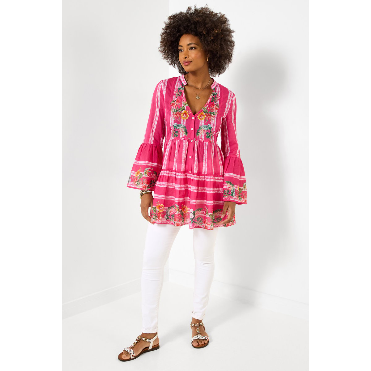 Robe tunique coton florale à manches évasées rose, JOE BROWNS