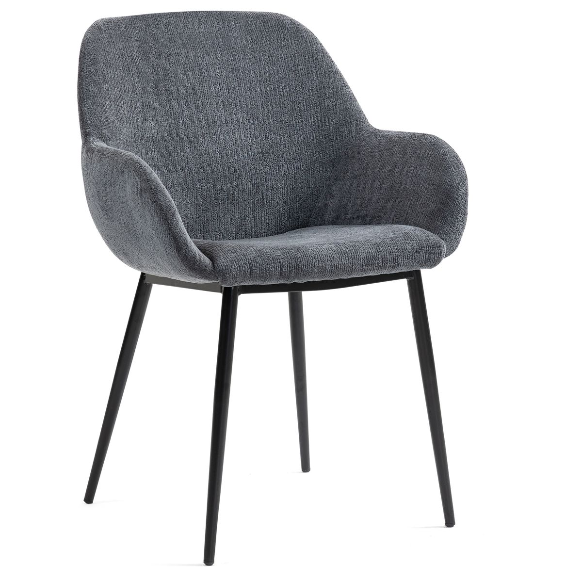 Chaise repas avec accoudoirs tissu chenille pied métal gris foncé, ZAGO