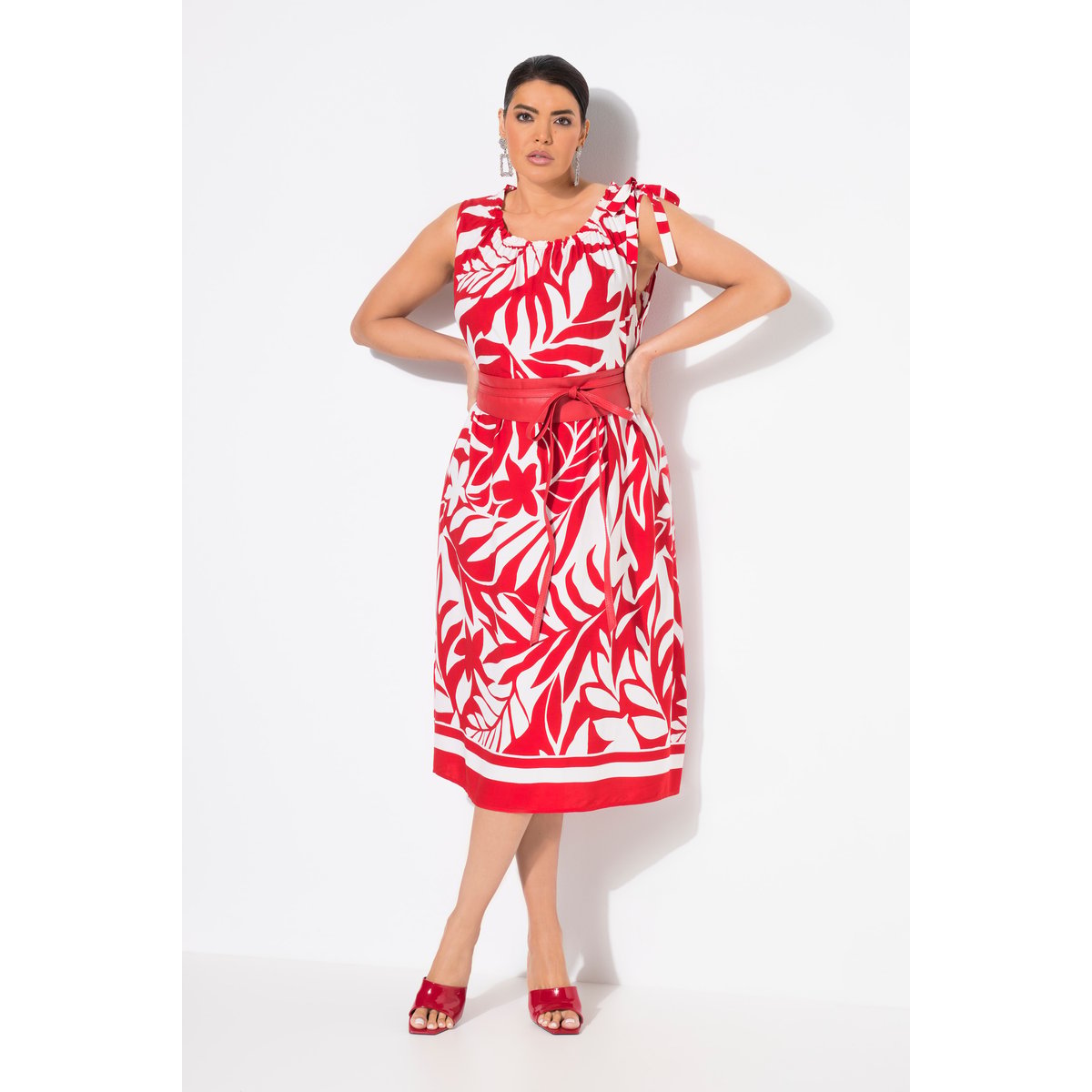 Robe midi sans manches. Motif feuilles. rouge néon, ULLA POPKEN