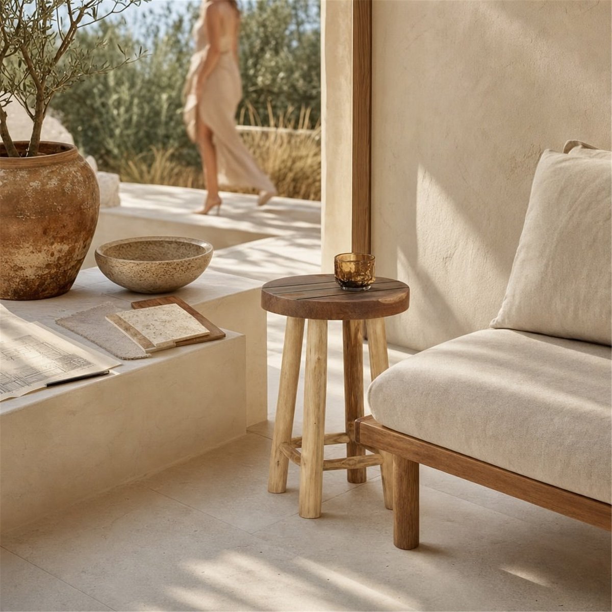Tabouret rond en teck massif naturel, RECOLLECTION