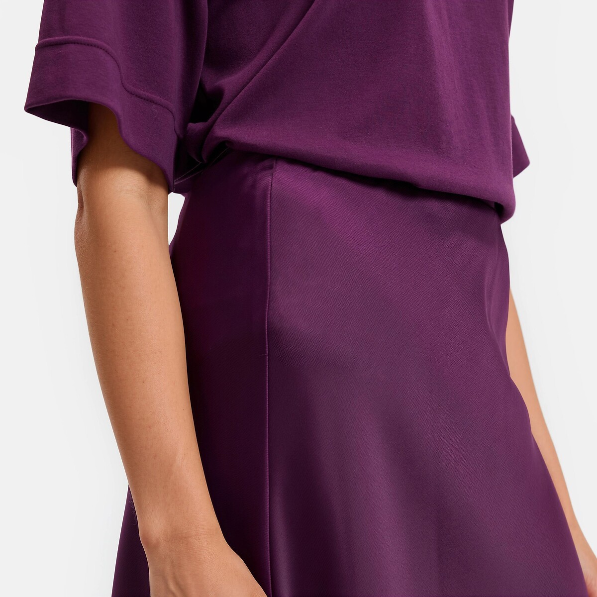 Falda midi evasé de satén mate con cintura elástica violeta ciruela, LA REDOUTE COLLECTIONS