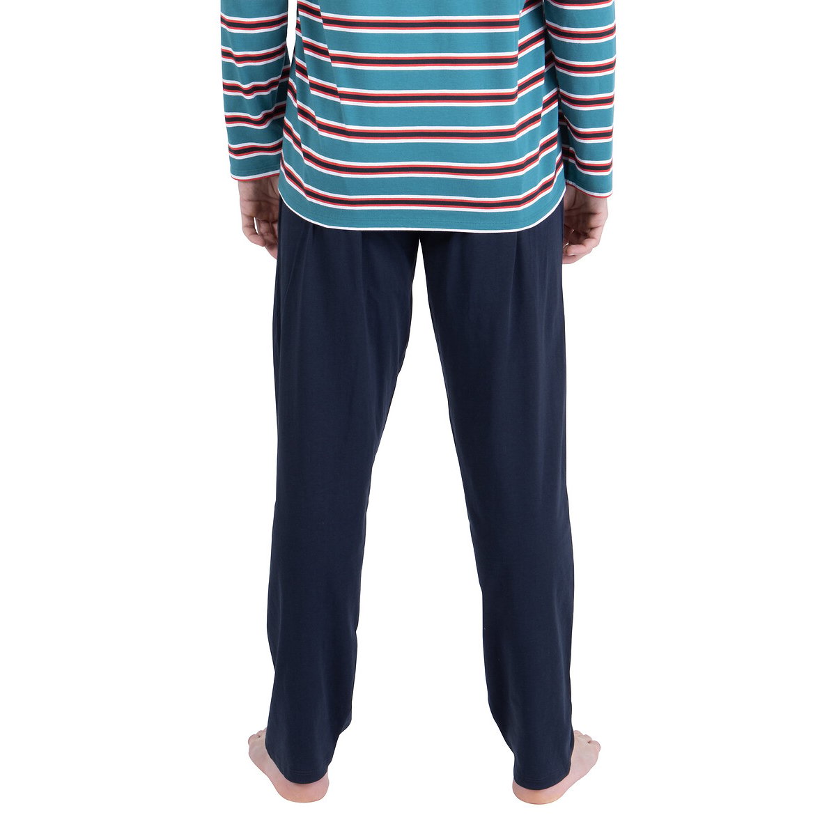 Pyjama long, en coton, T-shirt à rayures rayé vert/bleu marine, ATHENA