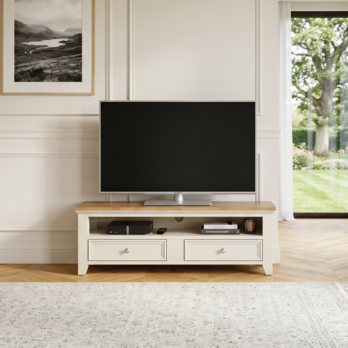 Meuble tv style en pin 2 tiroirs ARCHER blanc, ROBIN DES BOIS