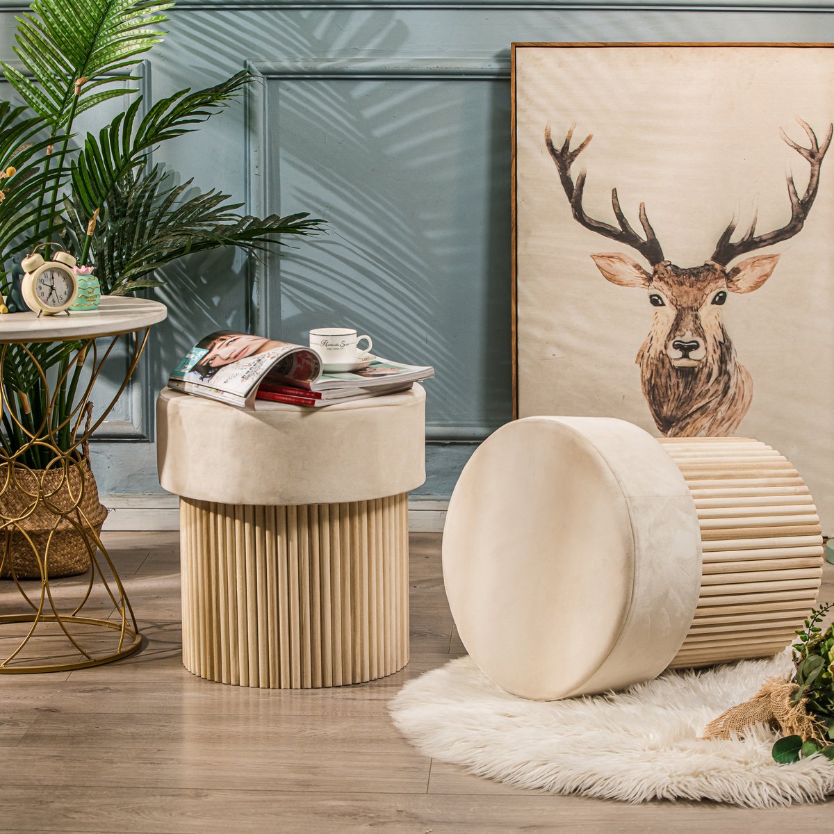 Pouf velours, base en bois, OTSU beige, NORDLYS