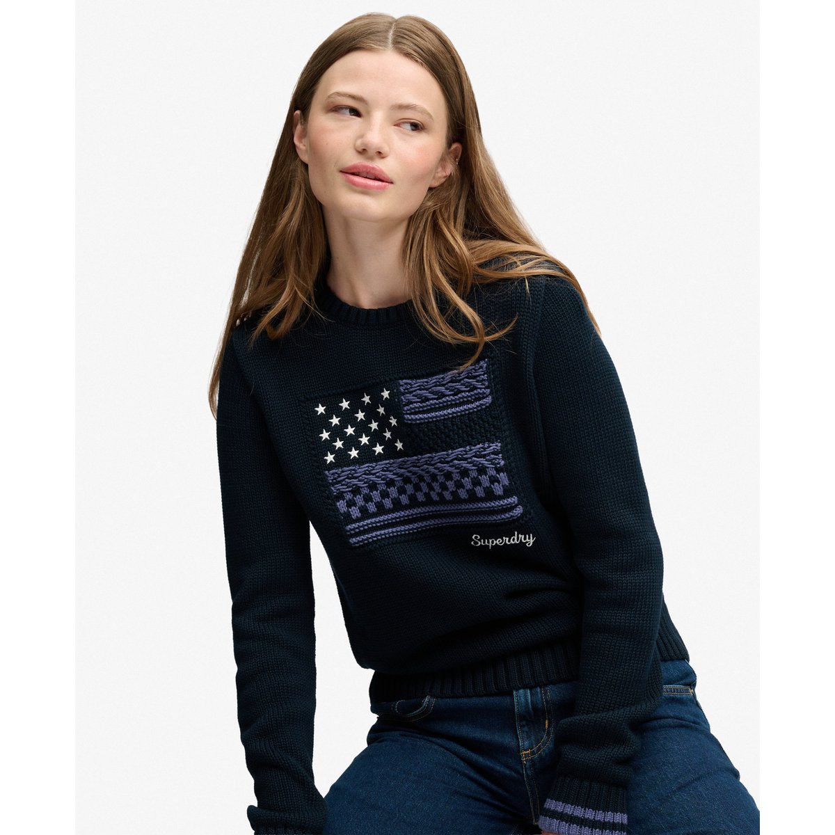Pull Cable Flag Knit coupe décontractée bleu marine éclipse, SUPERDRY