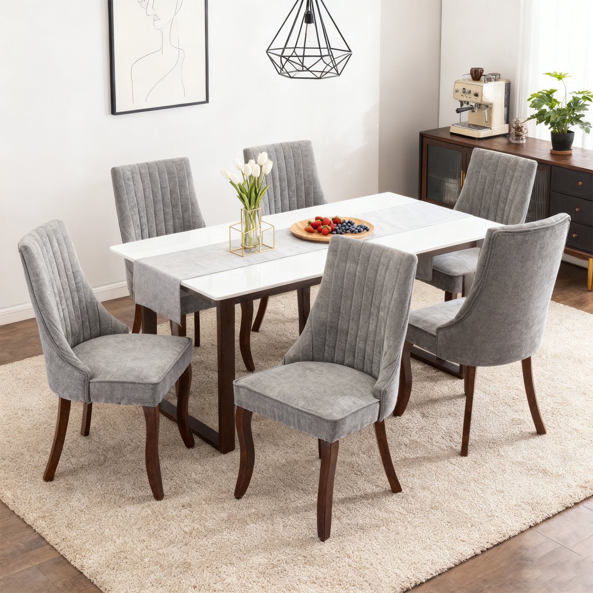 Lot de 6 chaises de salle à manger en tissu chenille avec pieds bois, GERRYB gris, MEUBLES COSY