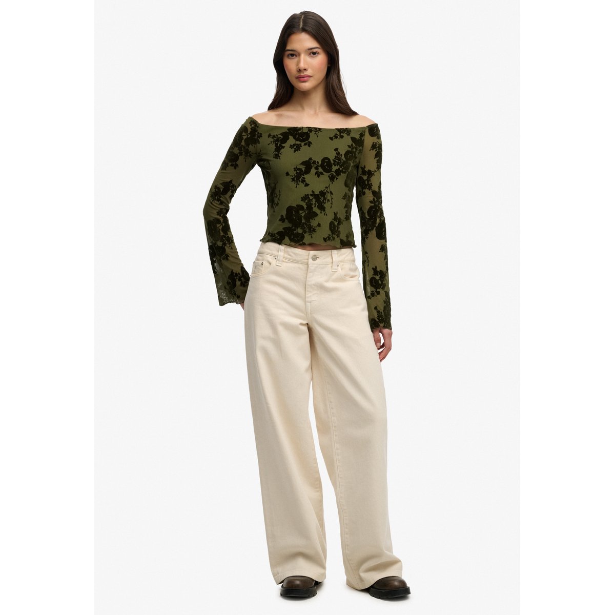 Top à manches longues en mesh floqué vert sapin, SUPERDRY