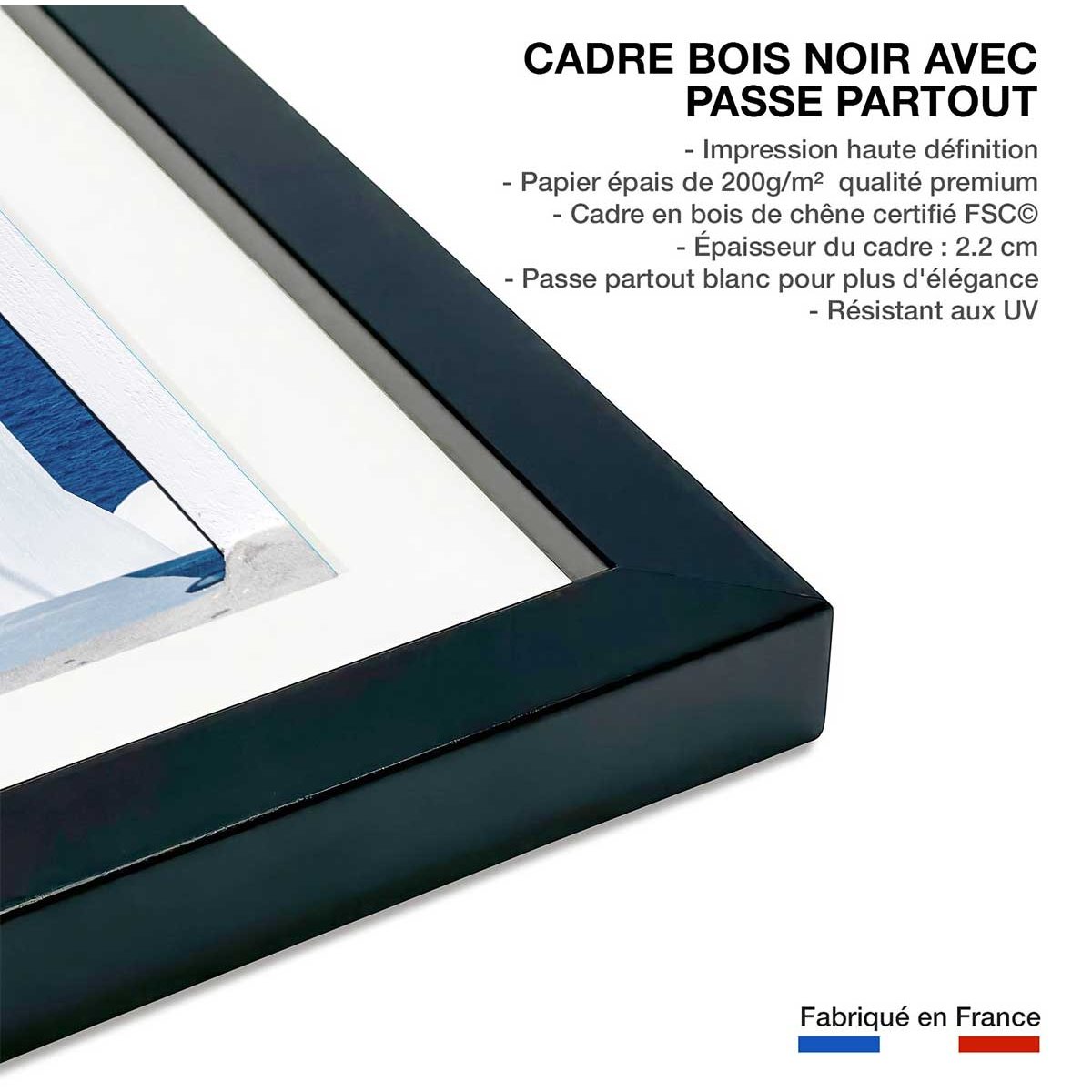 Poster porte bleue oia affiche + cadre en bois - noir, HEXOA
