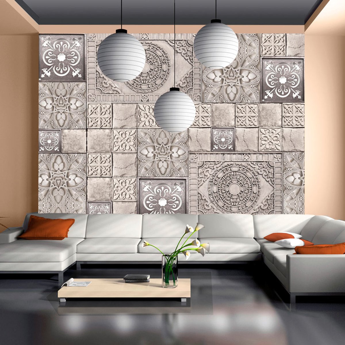 Papier peint intissé panoramique Carreaux de pierre beige, EDEN