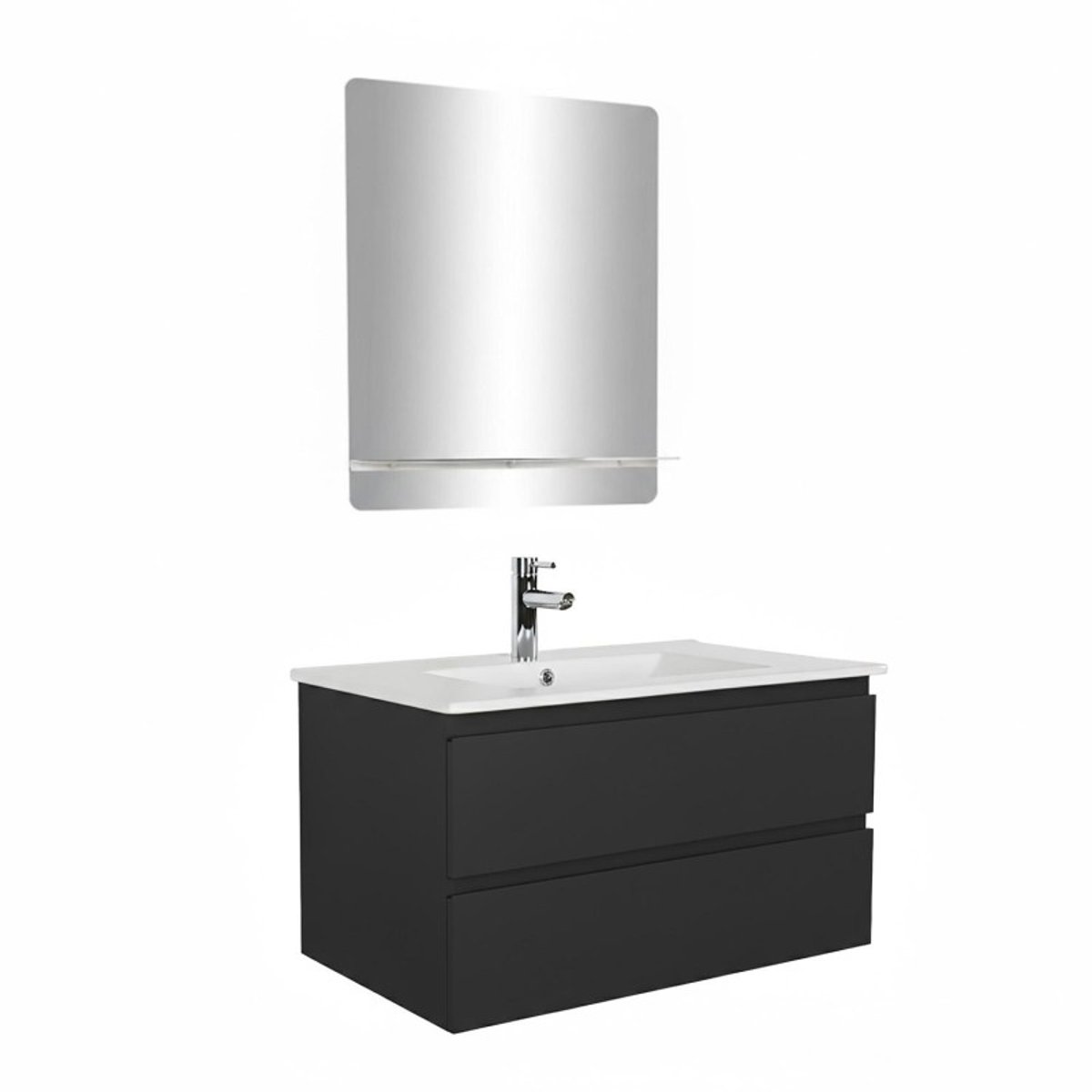 Meuble simple vasque 80cm décor chêne avec robinet et miroir SORRENTO noir satiné, MOB IN