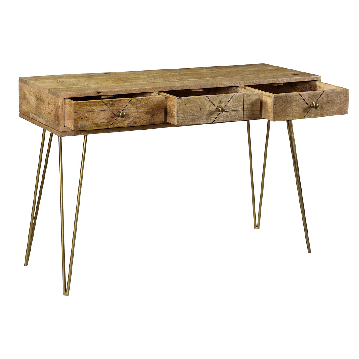 Console avec rangements 3 tiroirs en bois manguier massif gravé et métal doré L120 cm LINIUM naturel, MILIBOO