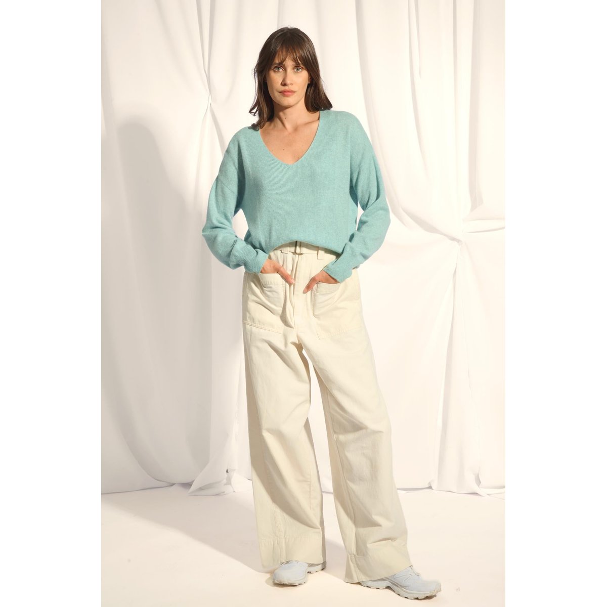 Pull Col V Aqua Chiné Birse bleu clair chiné, JUST CASHMERE