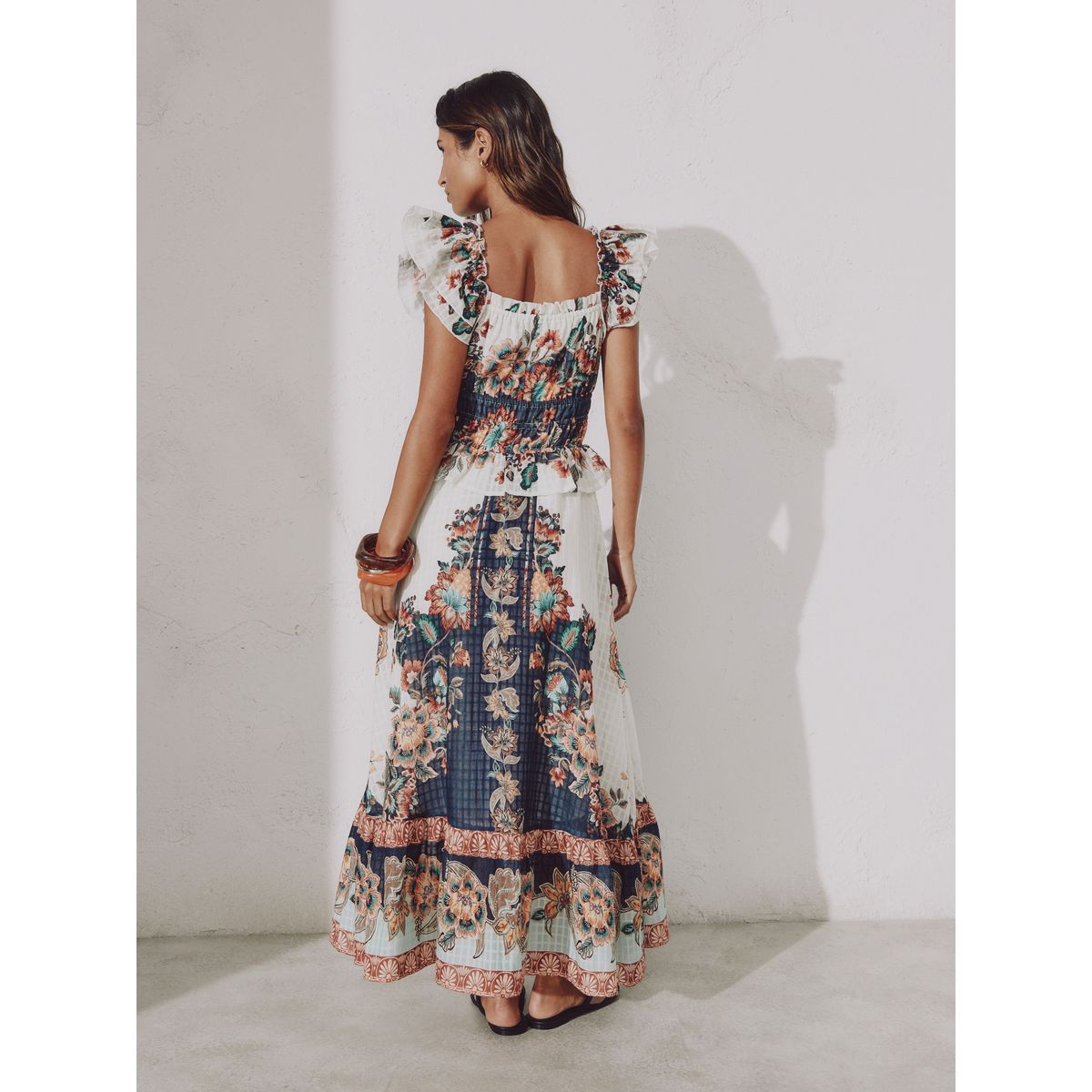 Robe à col carré et manches évasées bleu marine/pêche à motifs floraux, NEXT