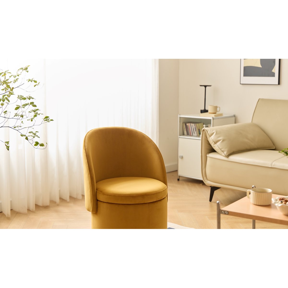 Pouf avec dossier et rangement, velours jaune moutarde, NORDLYS