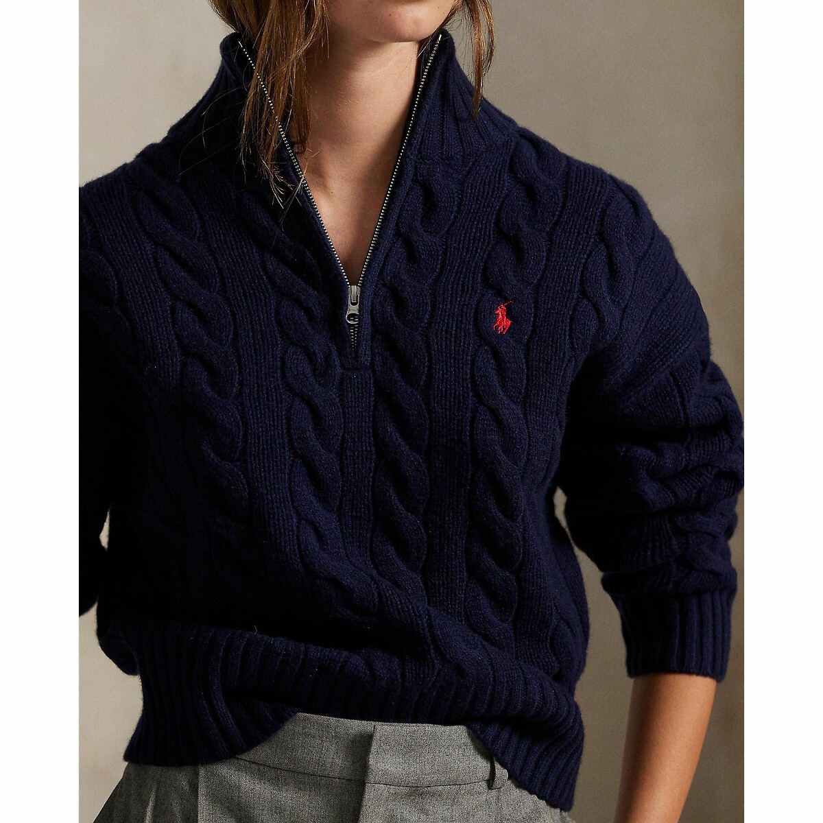 Pull col zippé en maille torsadée, 80% laine 20% cachemire marine, POLO RALPH LAUREN