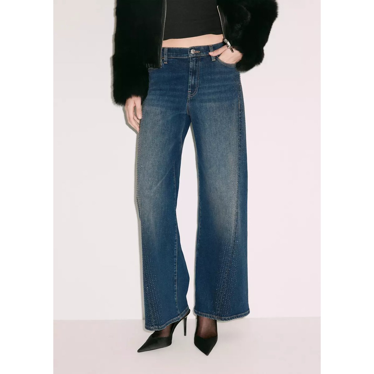 Jean wide leg avec détail strass bleu foncé, MANGO