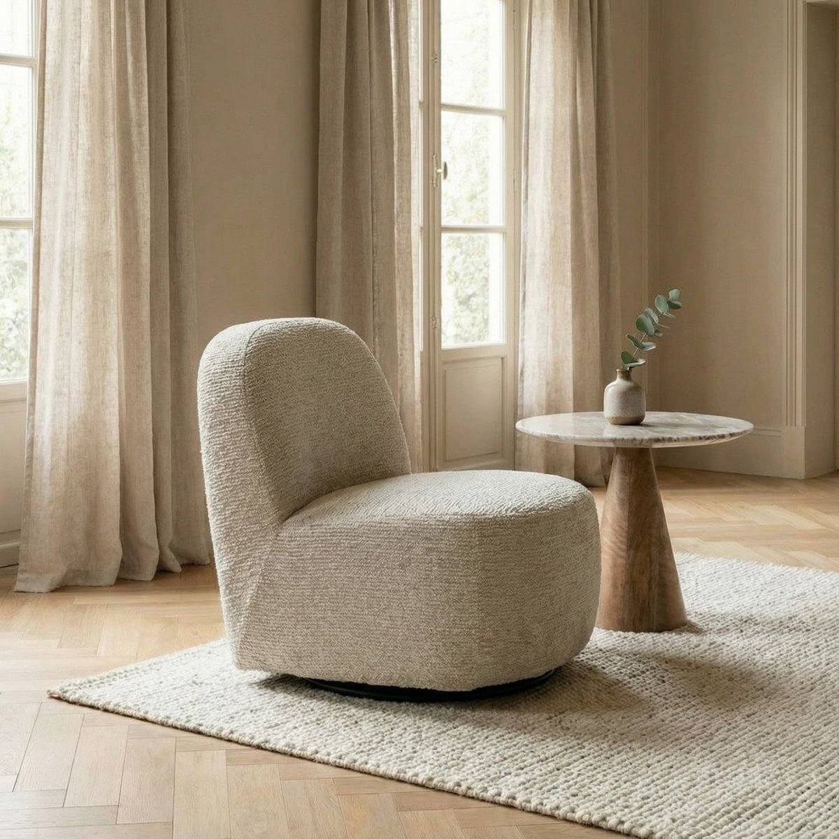 Fauteuil pivotant en tissu chenille côtelé- GROOVY écru, DRAWER