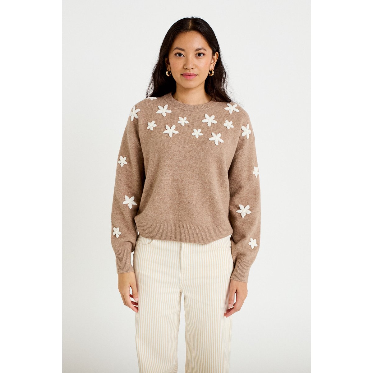 Pull oversize brodé manches longues beige, CACHE CACHE