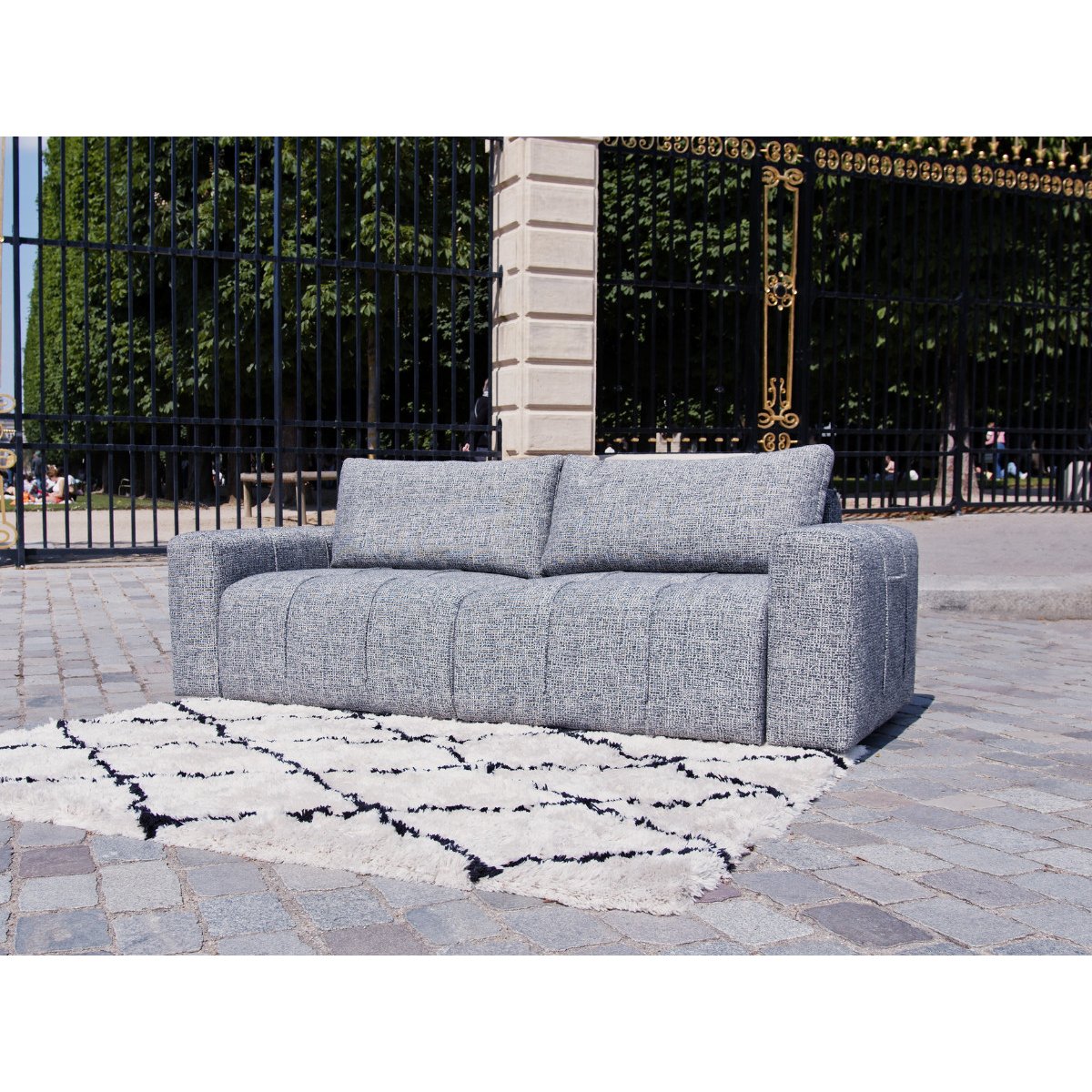 Canapé droit convertible 4 places en tissu chiné avec pouf, ARSENE gris foncé, BOBOCHIC