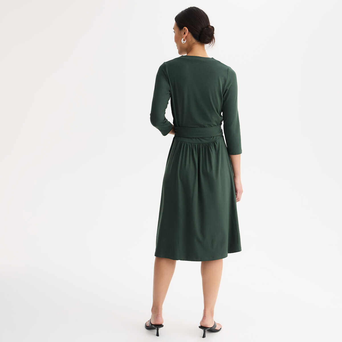 Robe évasée en maille, longueur genou, manches 3/4 vert foncé, ANNE WEYBURN