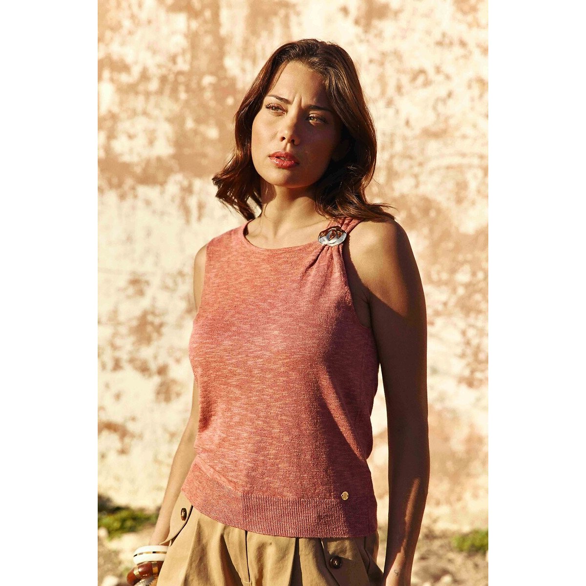 Asymmetrische gebreide mouwloze top, Minnie terracotta , LA PETITE ETOILE