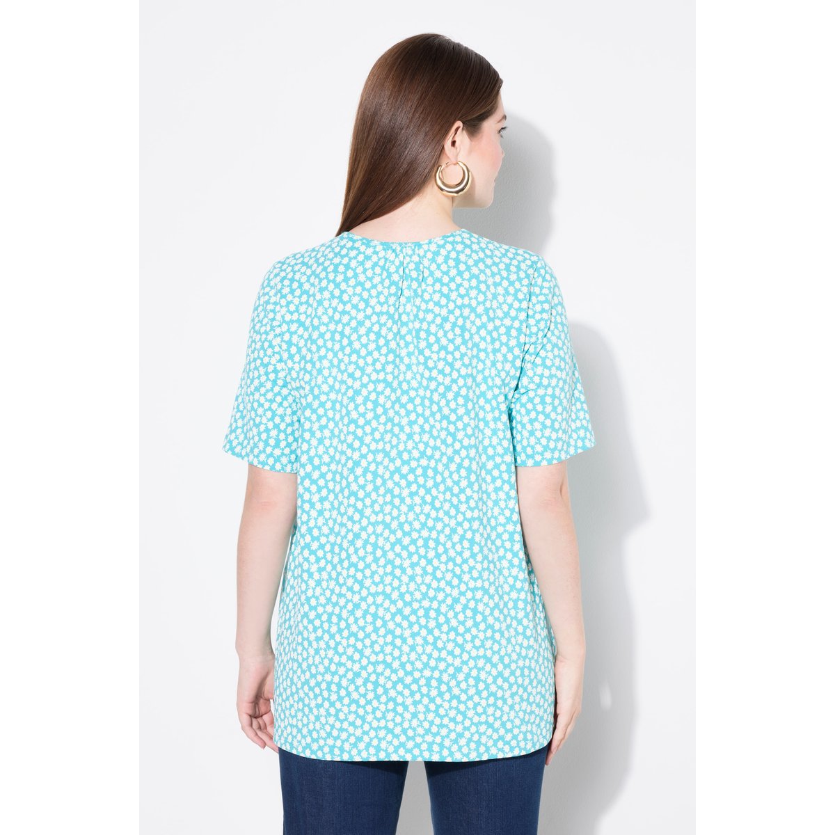 T-shirt à plis fantaisie. Col V et manches aqua foncé, ULLA POPKEN