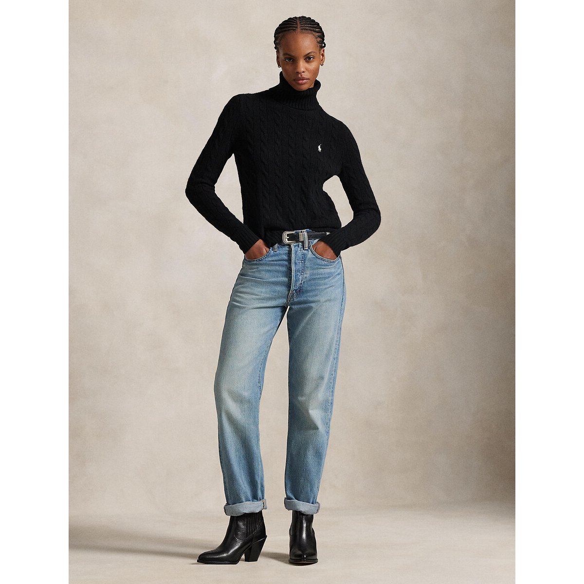 Pull col roulé torsadé, 90% laine 10% cachemire noir, POLO RALPH LAUREN