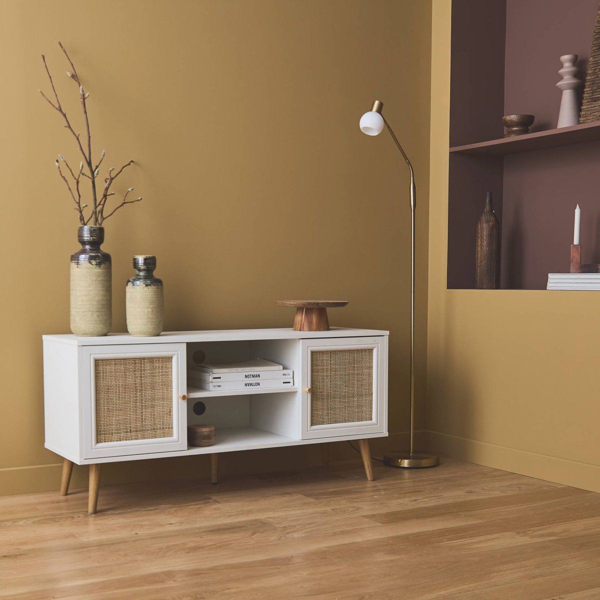 Meuble TV scandinave cannage 2 portes 120cm BOHÈME naturel, SWEEEK