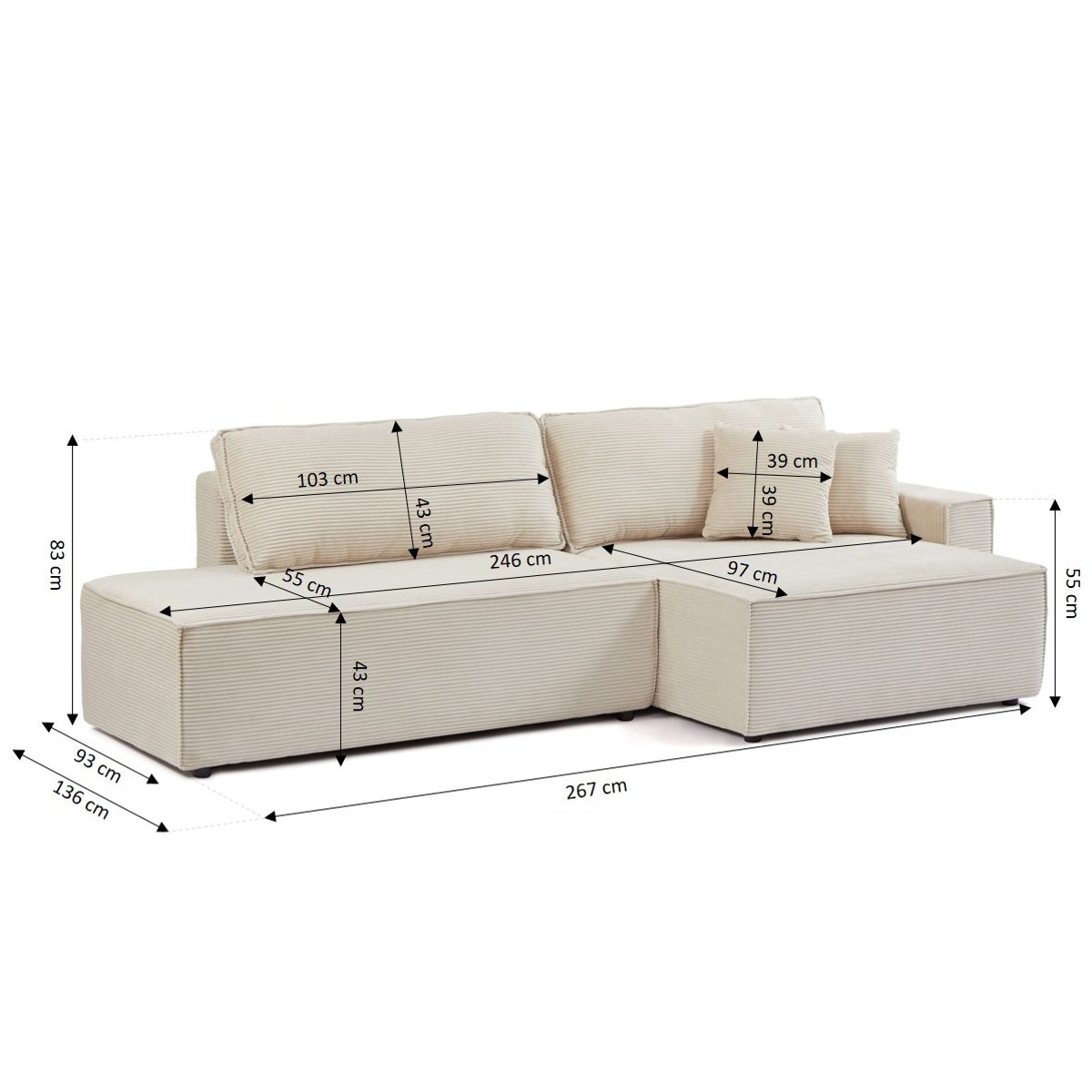 Canapé d'angle droit convertible velours ZOLA beige, BAÏTA