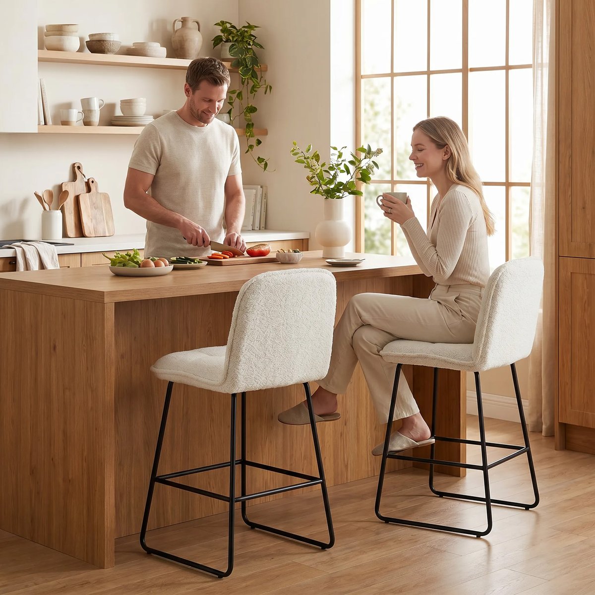 Tabouret de bar Tissu bouclette (100% crème, HOMCOM
