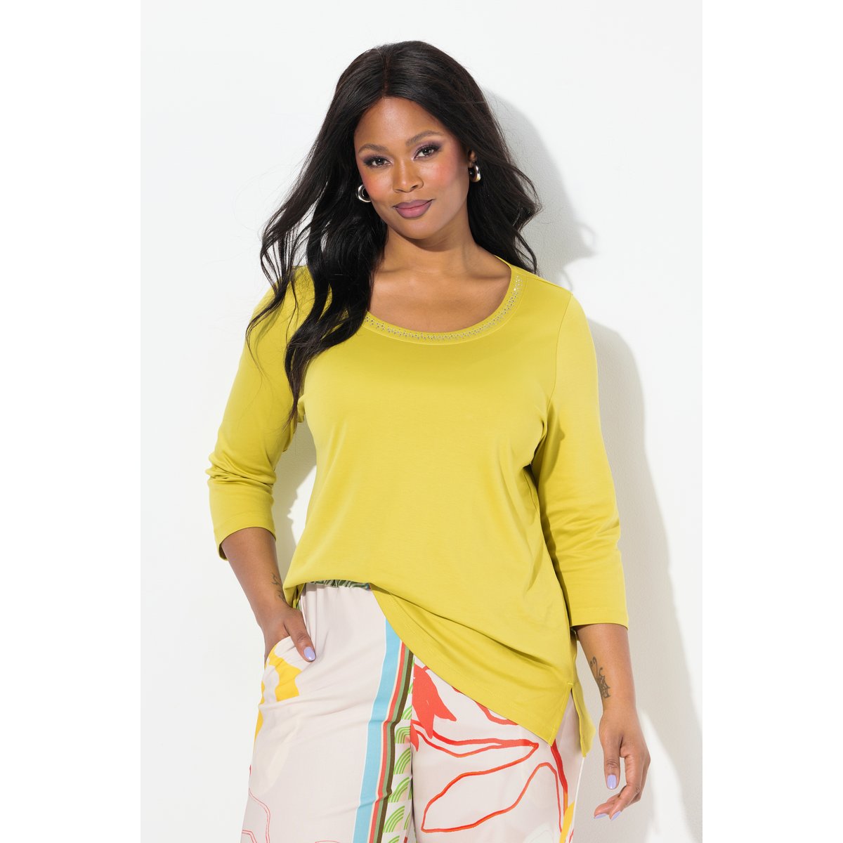 T-shirt en coton Pima. Manches 3/4 et col pistache, ULLA POPKEN