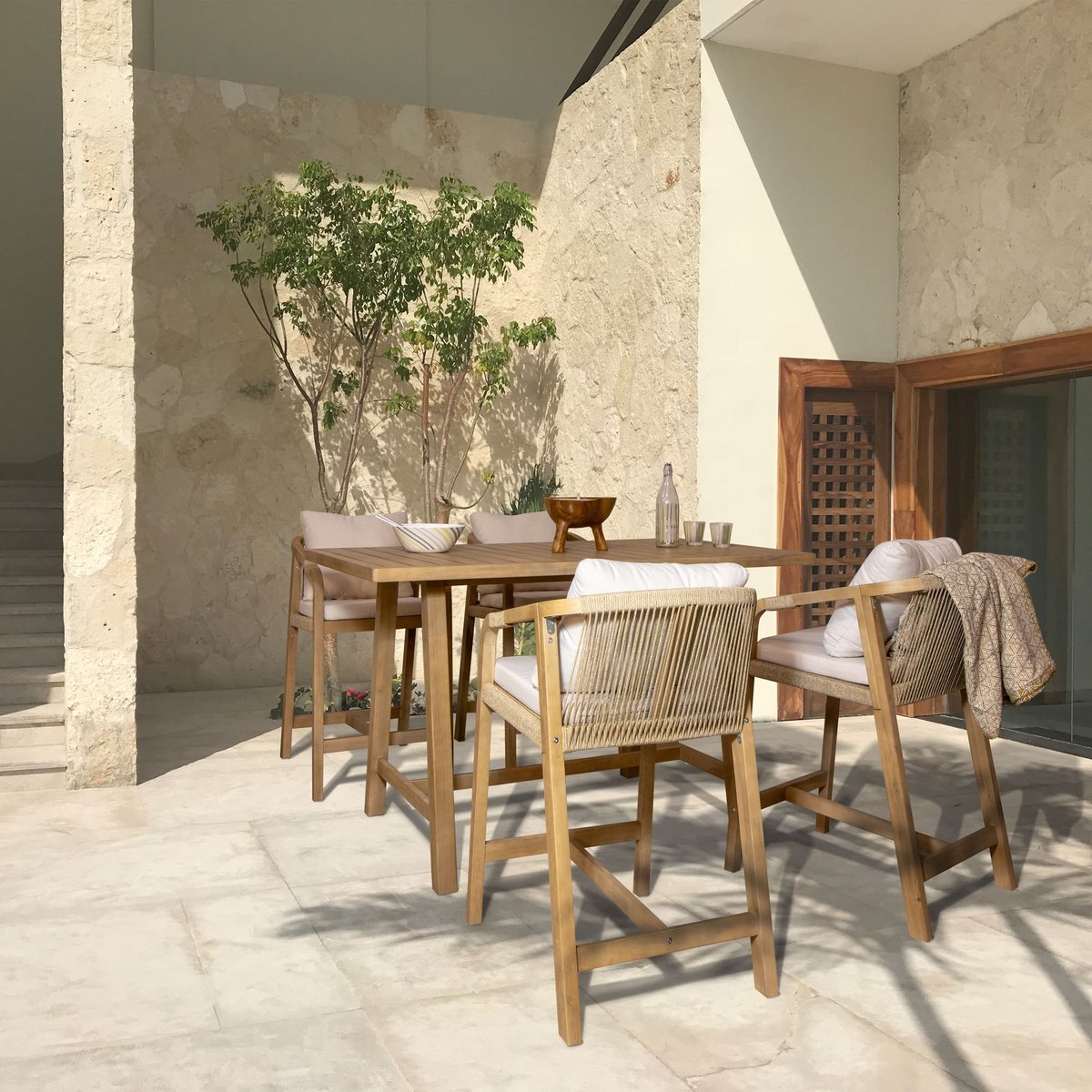 Ensemble de bar table haute et 4 chaises en bois d'acacia, SAONA bois d'acacia, NOW'S HOME