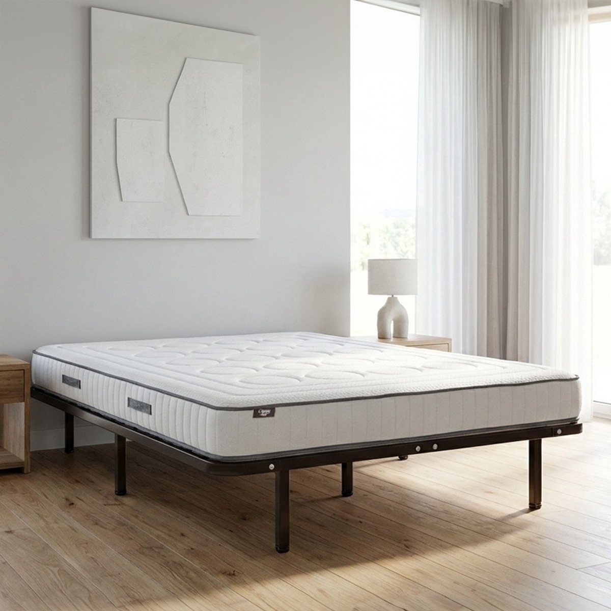 Ensemble Matelas Mémoire de forme CRISTAL avec Cadres à lattes blanc, OLYMPE LITERIE