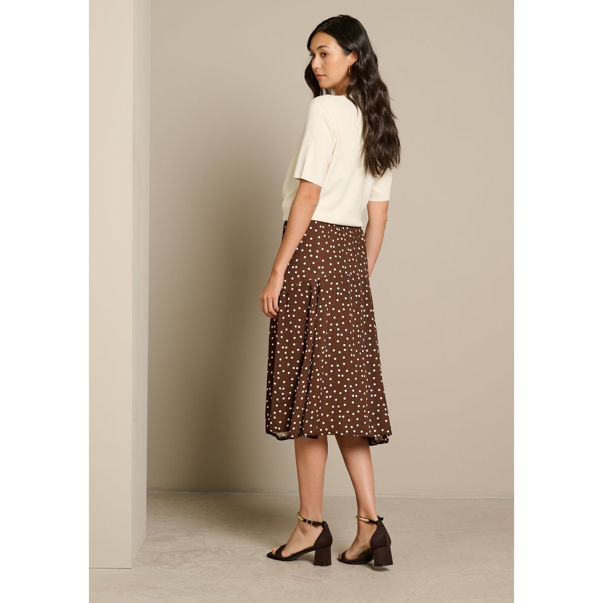 Jupe midi à pois brun fonce chocolate, LOLALIZA